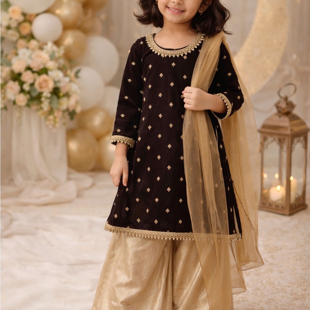 Girls Black & Gold Embellished Party Kurta Set| Eid outfit | size 5T